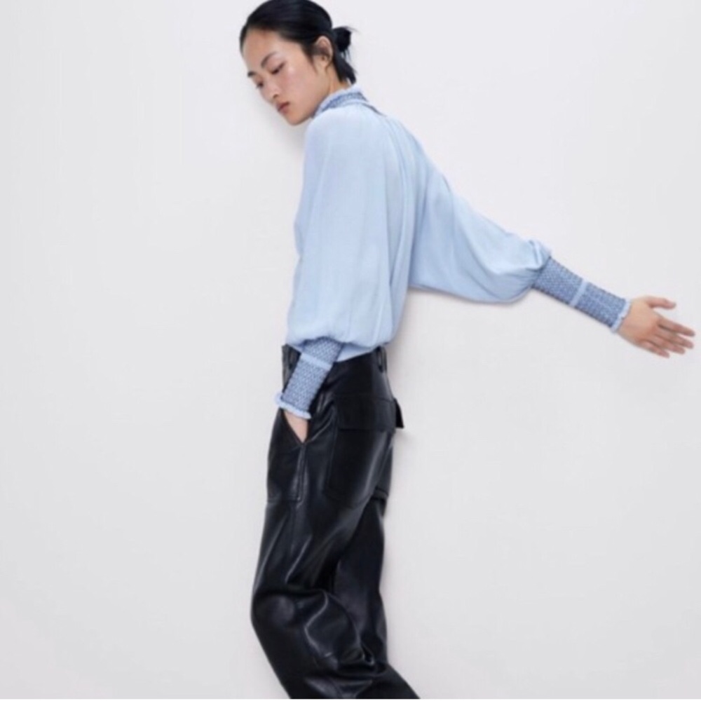 Zara light blue smocked dolman turtleneck. - Picture 4 of 11